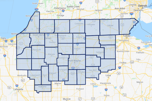 Map of locations served in Indiana, Ohio, and Michigan